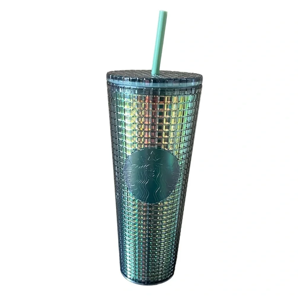NWT starbucks rainforest green grid 24 oz venti tumbler lid straw reusable